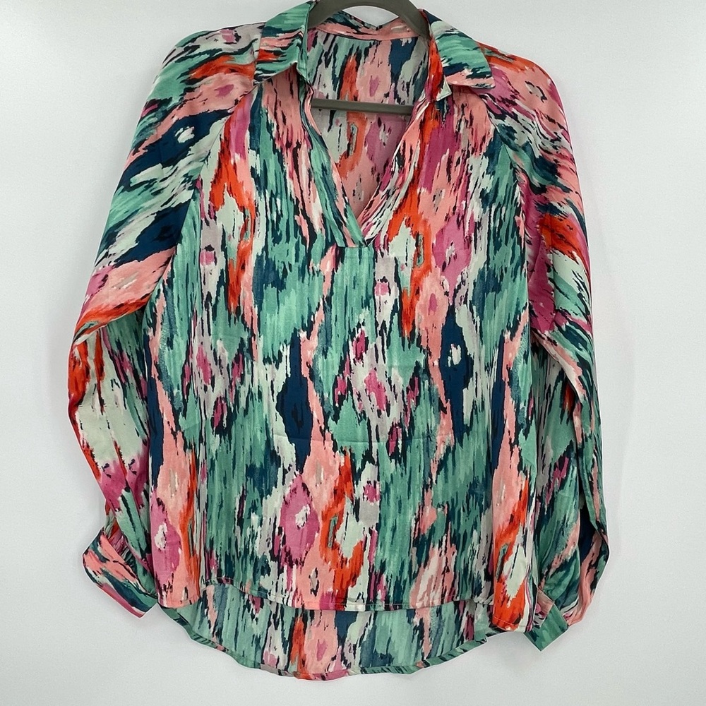 Women’s Colorful Silky Long Lantern Sleeve V-Neck Boho Blouse Shirt, Small